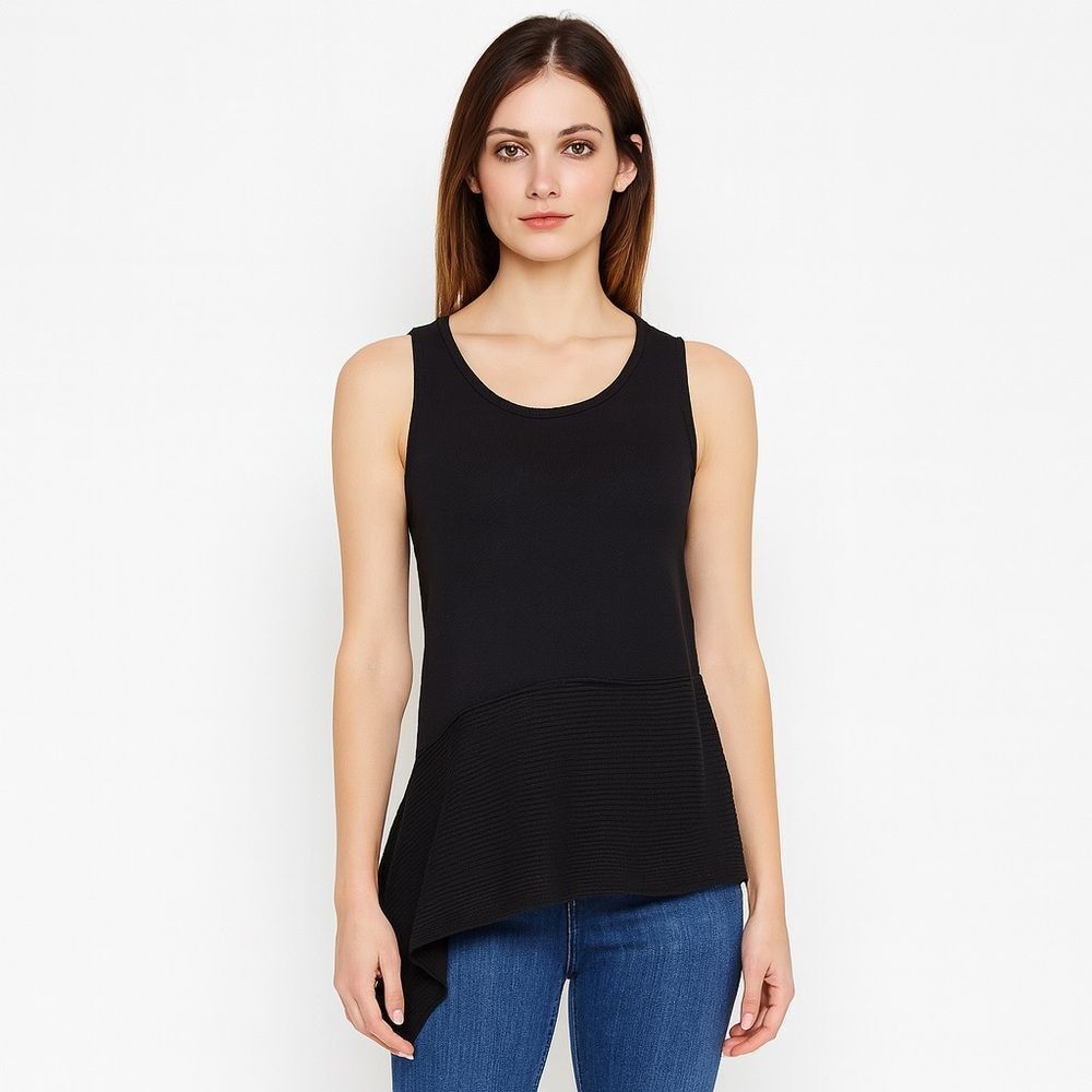 The Limited Solid Black Asymmetrical Blouse Round Neck Sleeveless size M